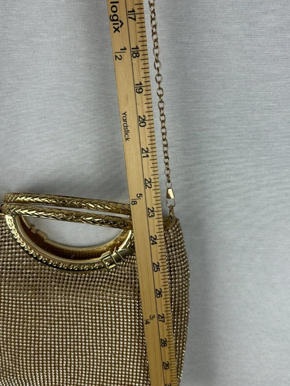 SPARKLY GOLD RHINESTONE EVENING CLUTCH PURSE METALIC O-RING TOP HANDLE - Picture 11 of 12